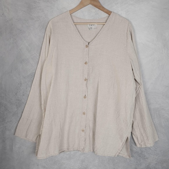 Flax Tops - Flax Cream Button-Front V-Neck Tunic